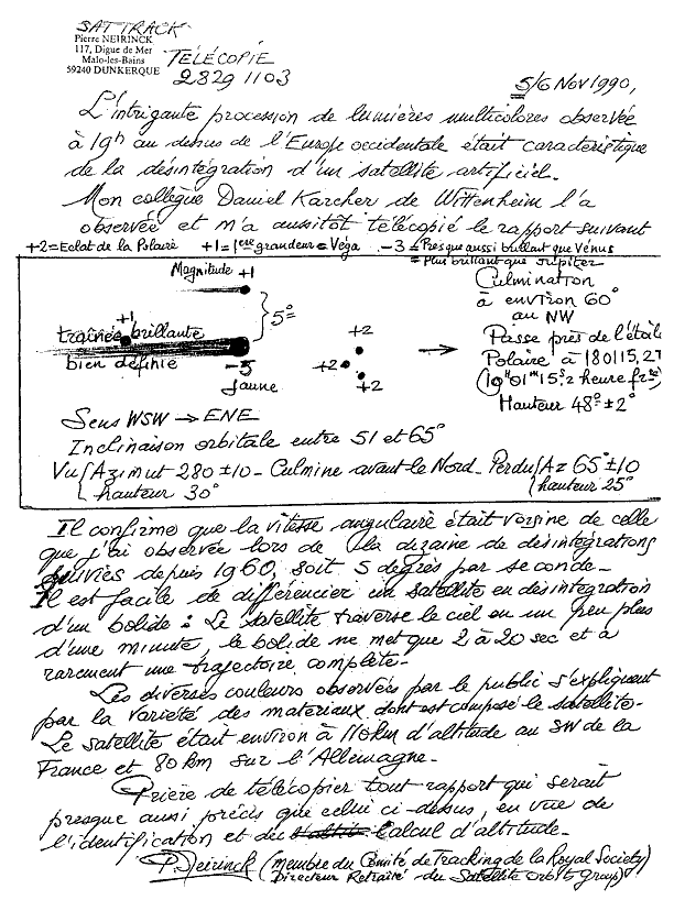 Le témoignage écrit de Pierre Neirinck, où l'on distingue 3 points formant un triangle