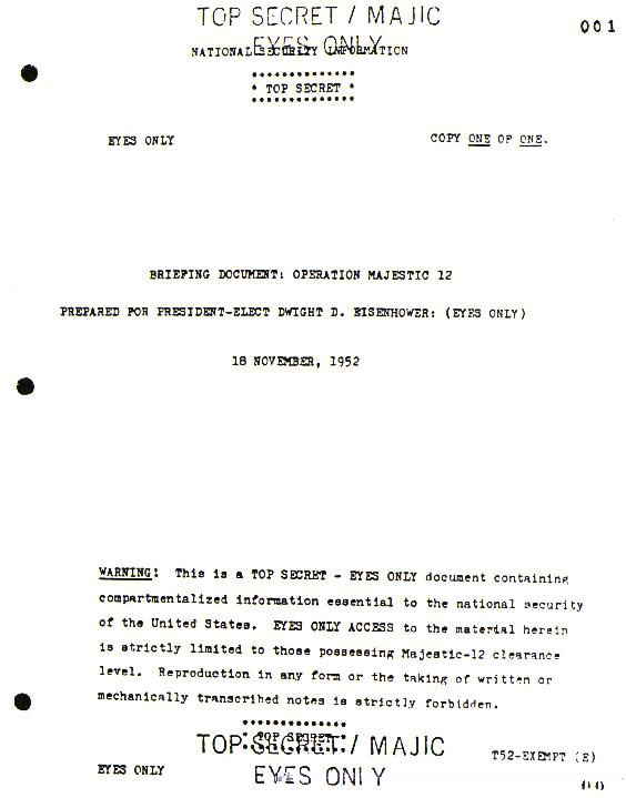 La 1ʳᵉ page du prétendu briefing sur les ovnis d'origine extraterrestre au président Eisenhower 