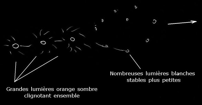 Dessin de CRM1 montrant une rangée de 3 lumières oranges, considérablement espacées mais semblant clignoter en même temps. A leur droite, de nombreuses lumières blanches plus petites, non clignotantes, semblent arrangées de manière elliptique. 