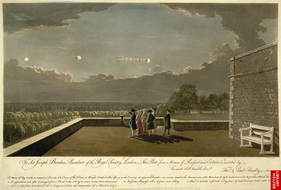 Illustration de l'observation du 18 août selon les indications de Thomas Sandby, un fondateur de l'Académie            Royale, et son frère Paul, tous 2 témoins de l'événement s3Sandby, Paul: Aquarelle 35,3 x 52,8 cm, St George's Row; Octobre 1783 < "The            Meteor of Aug 18, 1783, as it appeared from the NE Corner of the Terrace at Windsor Castle...etc", British Library