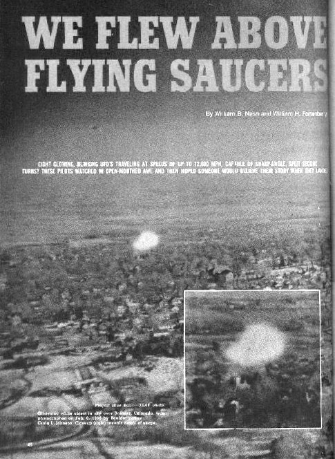 Objet blanc scintillant dans le ciel de Boulder (Colorado), photographié le 1959-02-06par Craig L. Johnson, un natif    de Boulder. Une vue rapprocheé (à droite) révèle le détail de la forme