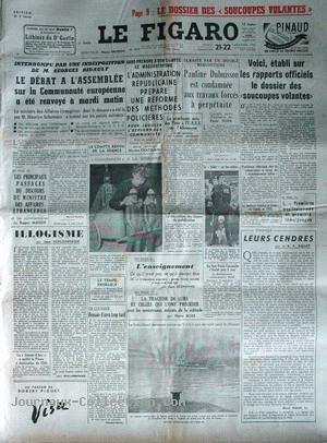 Le Figaro n° 2862 du 21 novembre, titrant : Voici, établi sur les rapports officiels le dossier des 'soucoupes volantes'