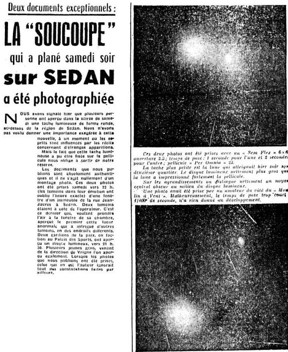 Ces 2 photos ont été prises avec un "Sem Flex" 6 x 6 ouverture 3,5 ; temps de pose : 1 s pour l'une et 2 s pour    l'autre ; pellicule "Per Omnia" 23. La tache plus petite est la Lune qui atteignait hier soir son 2ᵉ quartier.    Le disque lumineux nettement plus gros que la lune a impressionné fortement la pellicule. Sur les    agrandissements, on distingue nettement un noyau central obscur au millieu du disque lumineux. Une photo avait    été prise par un amateur du côté du "Moulin à Vent". Malheureusement, le temps de pose trop court 1/400ᵉ/s, n'a rien    donné au développement.