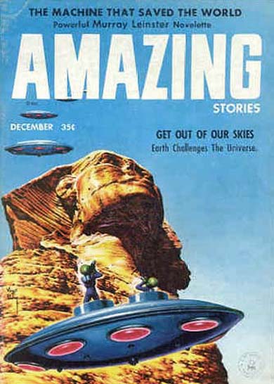 Couverture de Amazing Stories ce mois-là, montrant de 'petits hommes verts' sortant d'une soucoupe, et titrant sur 'Sortez de notre ciel'