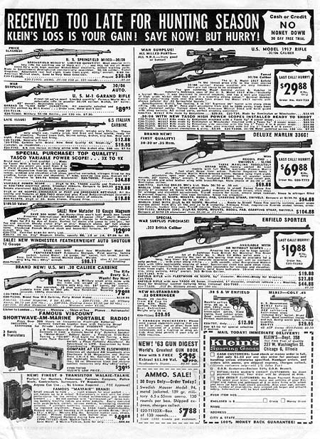 Publicité de Klein's Sporting Goods dans le n° de 1963-02 du magazine American Rifleman